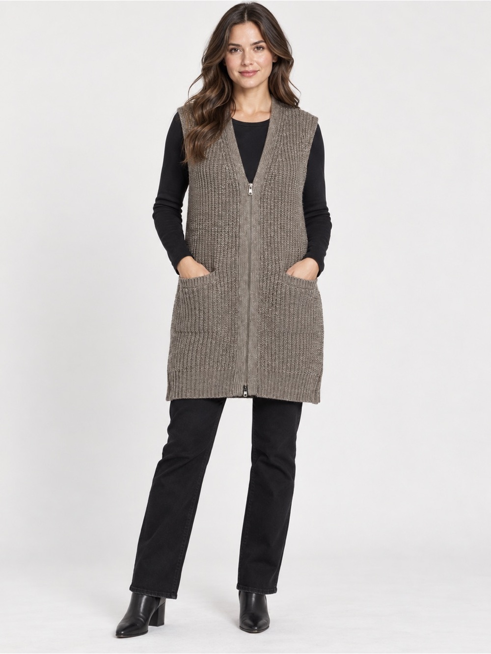 Elliott Lauren Wool Cashmere Knit Ribbed Zip Front Sweater Vest Size L
